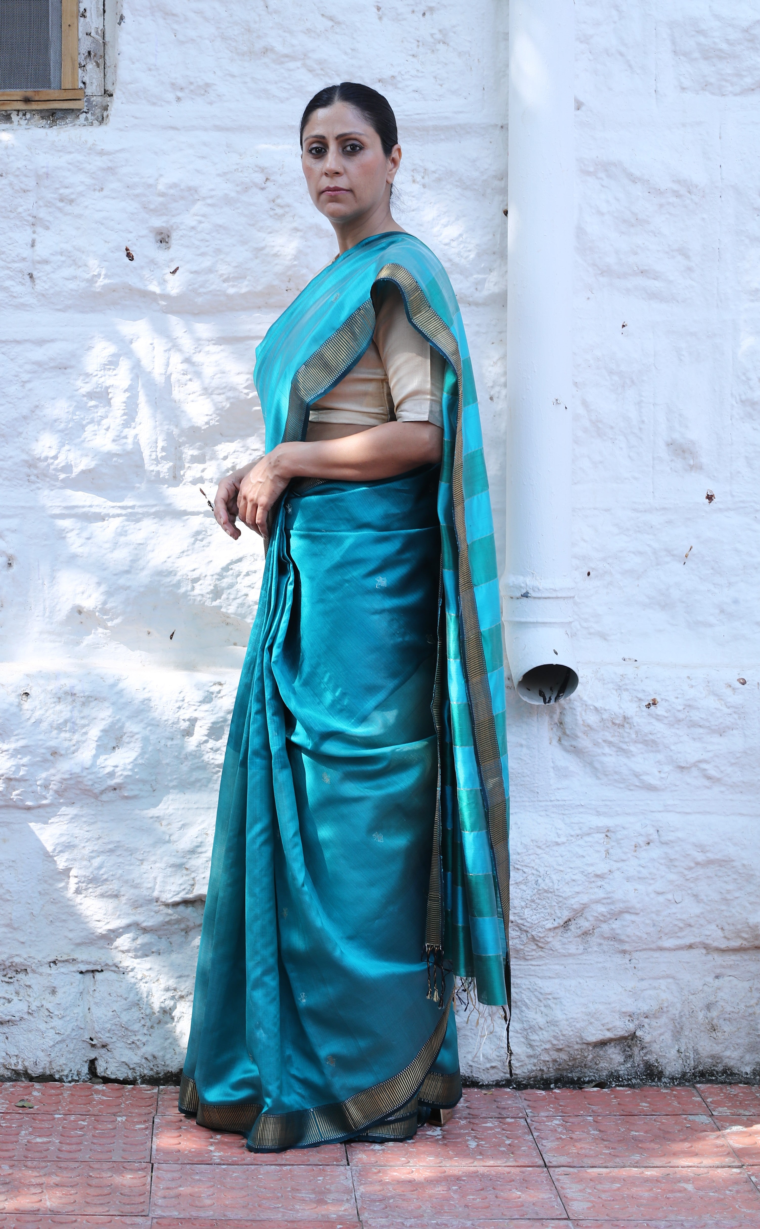 Turquoise Maheshwari Silk Sari