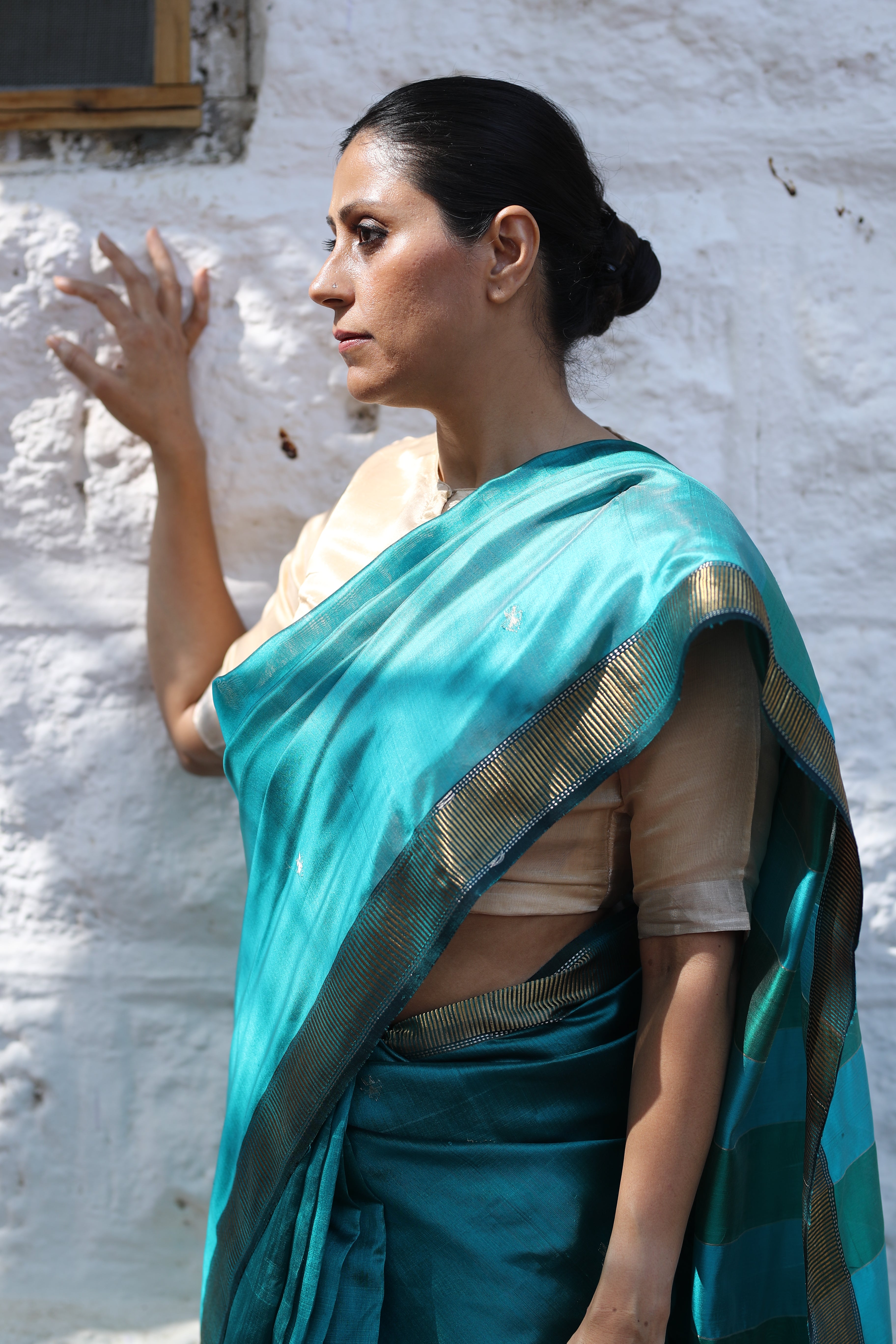 Turquoise Maheshwari Silk Sari